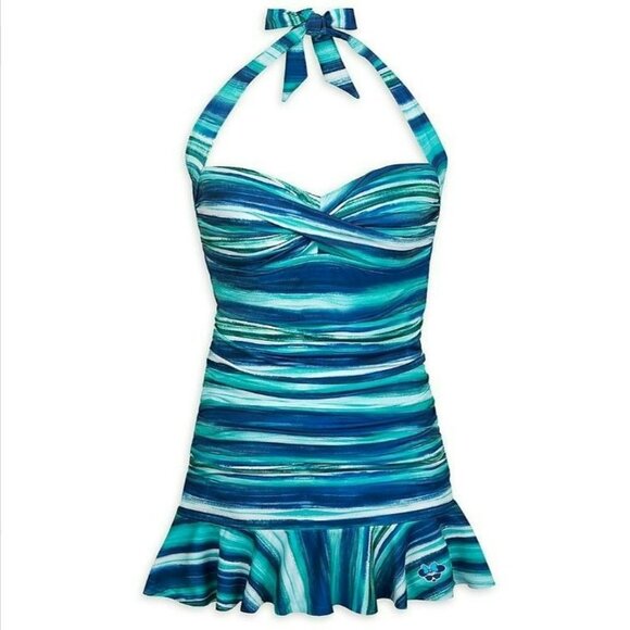 Disney Women's Minie Mouse Blue Striped Halter One Piece Skirted Swimsuit Small - Picture 1 of 8
